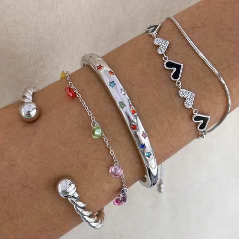 Stainless Steel Bracelet Bangle With Colorful Zircon Heart Star Adjustable Stackable Trendy Jewelry For Women