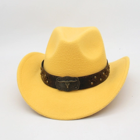 Western Cowboy Hat Retro Felt Wide Brim With Bull Skull Buckle Leather Rivet Band For Men Women