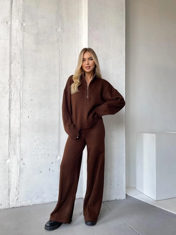 Womens Knit Sweater And Wide Leg Pants Half Zip Stand Collar High Waist Solid Color Casual Loungewear Elegant Autumn Winter