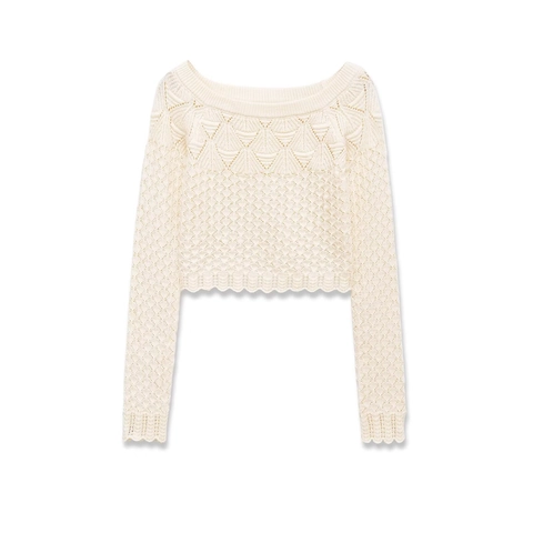 Top In Maglia All Uncinetto Da Donna Traforato Girocollo Maniche Lunghe Corto Poliestere Dolce Casual Crema Albicocca