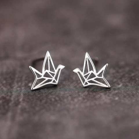 Origami Kraanvogel Oorknopjes Minimalistisch Hol Geometrisch Gepolijst Koperen Elegante Sieraden Voor Dames Zilverkleur