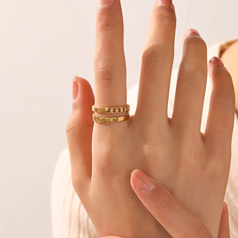 Anillo De Cadena De Acero Inoxidable De Doble Capa Chapado En Oro De 18K Abierto Ajustable Joyería De Moda Para Mujer