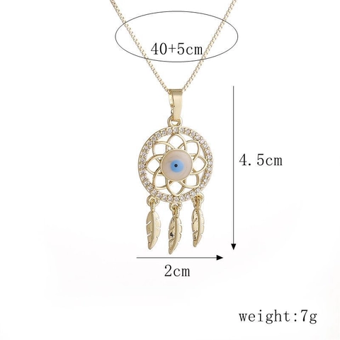 Collana Con Pendente Acchiappasogni Malocchio Rame Micro Zircone Piuma Nappine Gioielli Da Donna