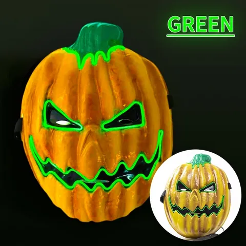 LED Glowing Pumpkin Mask Halloween Light Up Plastic EL Wire Scary Face Cover Cosplay Party Decoration For Adults