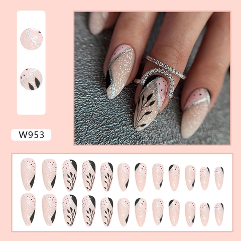 Mandelform Aufpressbare Nägel Rosa Schwarz Glitzer Blattmuster Geometrische Linie Glänzend Lange Künstliche Nägel Für Frauen