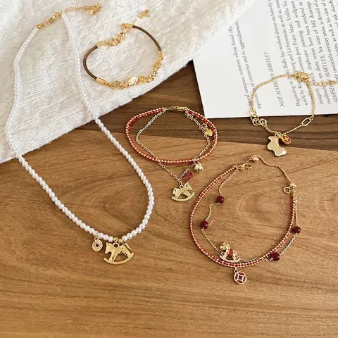 Imitation Artificial Pearl Necklace And Bracelet Jewelry With Zircon Rocking Horse Koi Fish Charms Gold Plated Elegant For Women
