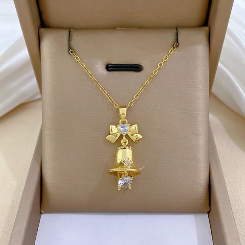 Schleife Glocke Anhänger Halskette Edelstahlkette Kupfer Zirkon Eingelegt Elegant Temperament Schmuck Für Frauen Süß