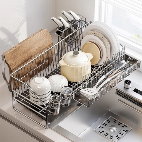Dish Drying Rack 304 Stainless Steel Carbon Steel Automatic Drainage Kitchen Countertop Sink Organizer Bowl Plate Holder
