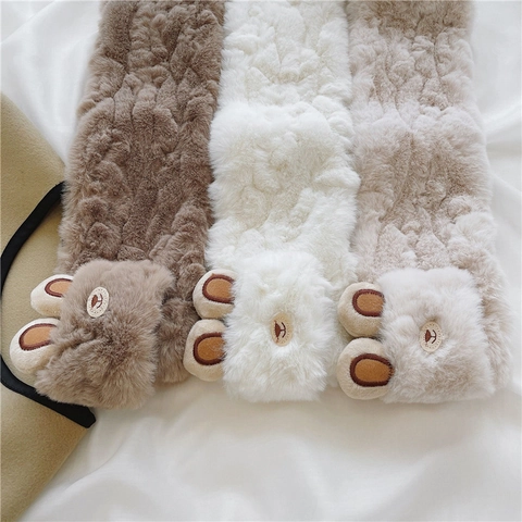 Cute Cartoon Bear Plush Scarf Soft Faux Rabbit Fur Warm Winter Cross Neck Warmer For Women And Girls Korean Style