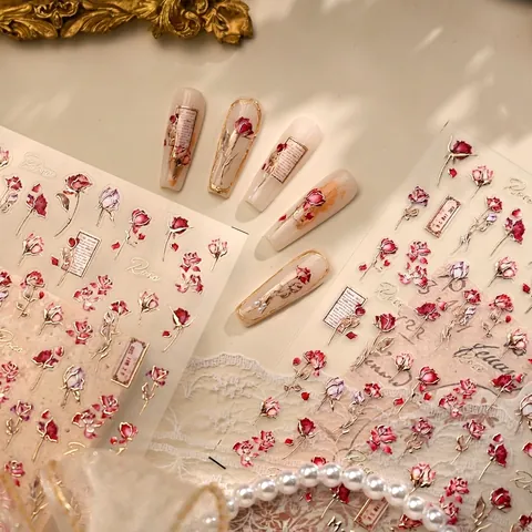 Adesivi Per Unghie Rosa Rossa Retrò Decalcomanie Floreali Dorate In Rilievo Accessori Per Manicure Adesivi Romantici Rococò