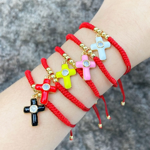 Red Braided Rope Bracelet Copper Enamel Cross Pendant Gold Plated Adjustable Zircon Fashion Jewelry Women