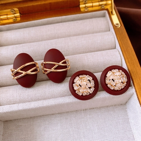 Red Vintage Earrings 18K Gold Plated Copper With 925 Sterling Silver Earring Post Zircon Geometric Luxury For Women