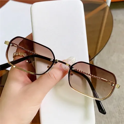 Occhiali Da Sole In Metallo Senza Montatura Piccola Montatura Retrò Rettangolare Geometrico UV400 Asta Torta Uomo Donna