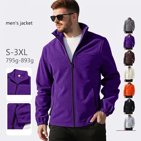 Men Polar Fleece Jacket Stand Collar Full Zip Sweatshirt Thick Warm Thermal Outdoor Casual Solid Color