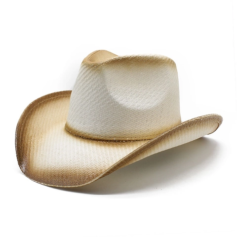 Western Cowboy Hat Paper Straw Wide Brim Gradient Color Sun Protection Vintage Beach Travel Fedora For Men Women