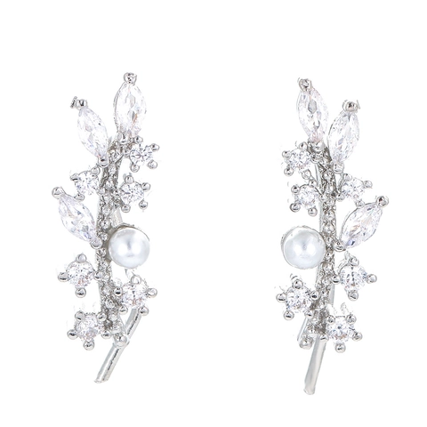 Orecchini Ear Climber A Foglia In Rame Con Zirconia Cubica E Perla Artificial Bianca Gioielli Di Moda Per Donne