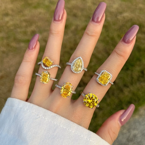 French Wedding 925 Sterling Silver Ring For Women Geometric Waterdrop Yellow Rhinestone Engagement Jewelry Accessory