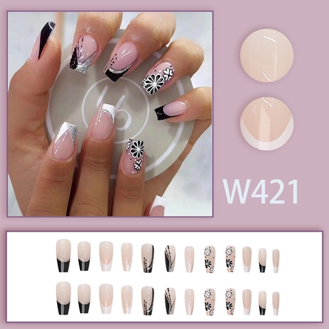 Künstliche Nägel Lange Sargform Französische Spitzen Schwarz Weiß Blume Silber Glitzer Falsche Nägel Für Damen