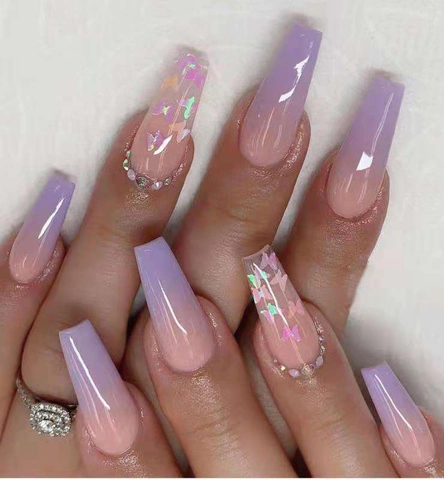Uñas Postizas Largas Degradado Violeta Rosa Lentejuelas Mariposa Pedrería Brillante Bailarina Uñas Manicura DIY