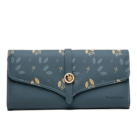 Damen Geldbörse Lang PU Leder Blattmuster Elegant Umschlag Kartenhalter Schnalle Clutch Große Kapazität Student Beutel
