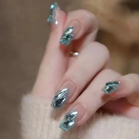 Press On Nagels Lang Vierkant Blauw Paars Verloop Glitter Strass Draagbaar Afneembaar Herbruikbaar Kunstnagels Vrouwen DIY