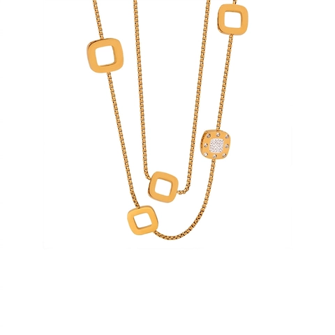 Long Collier De Pull Acier Titane Plaqué Or Zircone Cubique Carré Creux Pendentif Coeur Bijoux Géométriques Femmes