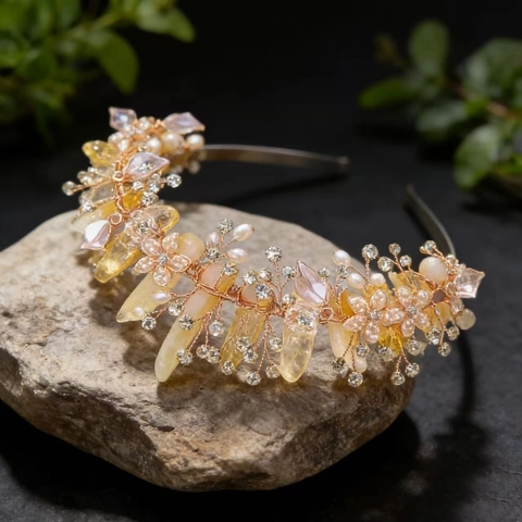 Natuurlijke Ruwe Kristallen Kroon Hoofdband Handgemaakte Strass Kunstparel Bloem Tiara Bohemien Bos Stijl Bruiloft Verjaardag