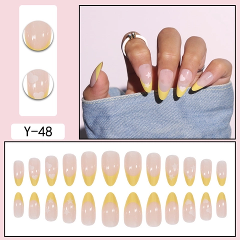 French Yellow Tip Press On Nails Almond Shape Star Heart Pattern Long False Nails For Women