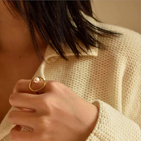 Anello Con Perla Artificial Geometrico Minimalista Placcato Oro Acciaio Inossidabile Gioielli Estetici Vintage Da Donna