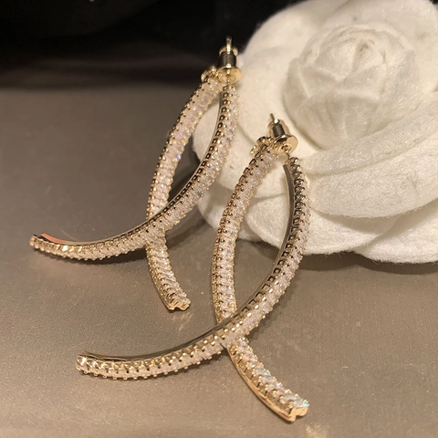 Elegant Copper Arc Dangle Earrings With Shiny White Cubic Zirconia Geometric Cross Curved Fashion Jewelry For Women