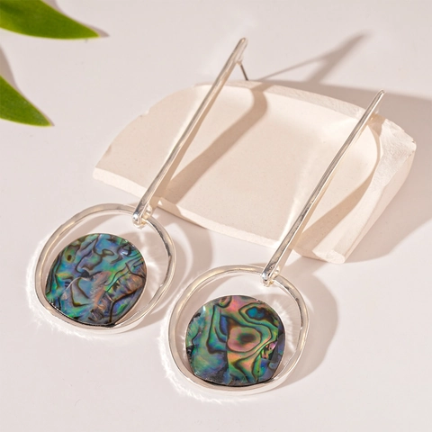 Abalone Shell Dangle Earrings Alloy Round Geometric With Silver Earring Post Retro Iridescent Wrinkled Jewelry For Women