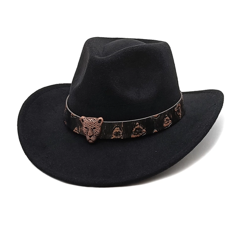 Cappello Da Cowboy Western Retro Fedora A Tesa Larga Feltro In Cotone Poliestere Con Decorazione Fibbia In Metallo Testa Di Leopardo