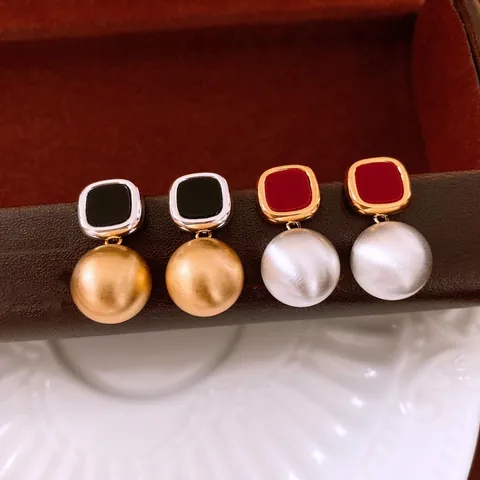 Pendientes De Gota Cuadrados Con Poste De Plata De Ley 925 Bola Oro Mate Perla Artificial Cepillada Cobre Acetato Joyas Retro Francesas