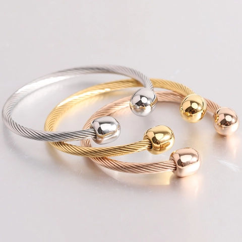 Bracelet Jonc En Acier Inoxydable Minimaliste Vintage Fil De Câble Torsadé Ouvert Bangle Poli Haute Brillance Extrémité Sphérique