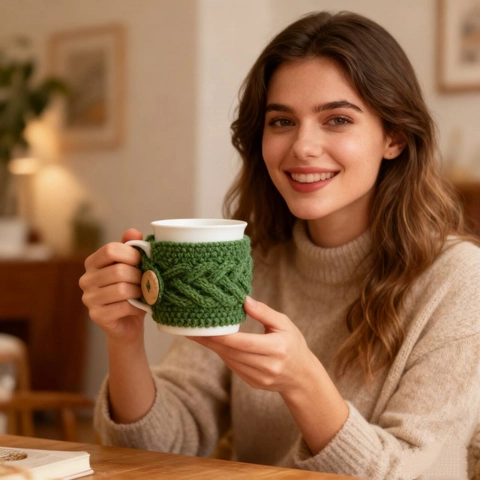 Handmade Crochet Mug Sleeve Knitted Cup Cozy Heat Resistant Wool Yarn Protective Cover For Coffee Mug Holiday Party