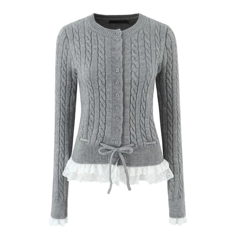 Cardigan In Maglia Grigio Donna Manica Lunga Girocollo Con Bottoni Patchwork Pizzo Dolce Elegante Fiocco Vita