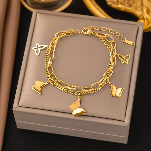 Titanium Steel 18K Gold Plated Bracelet For Women Fashion Luxury Stainless Steel Heart Butterfly Shell Rhinestone Charm Bracelet Jewelry Gift