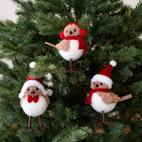 Ornamento Uccello di Natale Con Cappello Rosso Sciarpa Schiuma Tessuto Peluche Uccellino Statuina Decorazione Tavola Festa