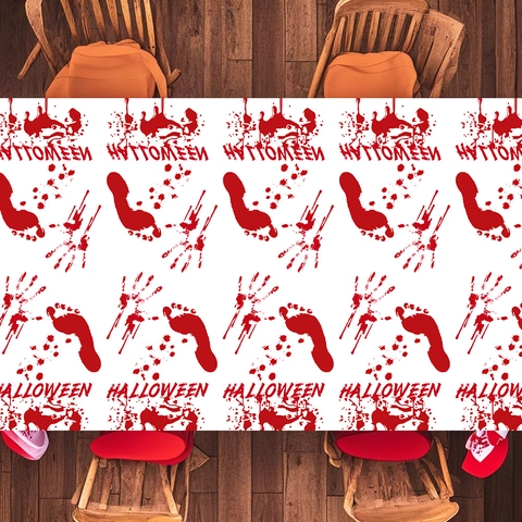 Halloween Bloedige Handafdruk Voetafdruk Tafelkleed Wit Waterdicht Kunststof Tafelkleed Spookhuis Horror Feestversiering Accessoires