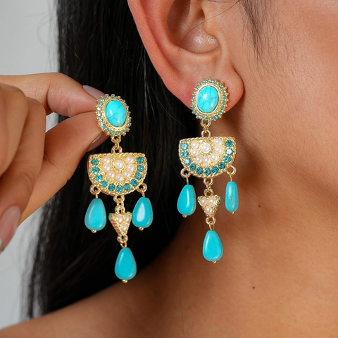 Pendientes Colgantes Bohemios Vintage Aleación Turquesa Sintética Perla Artificial De Imitación Estrás Con Poste De Plata Mujer