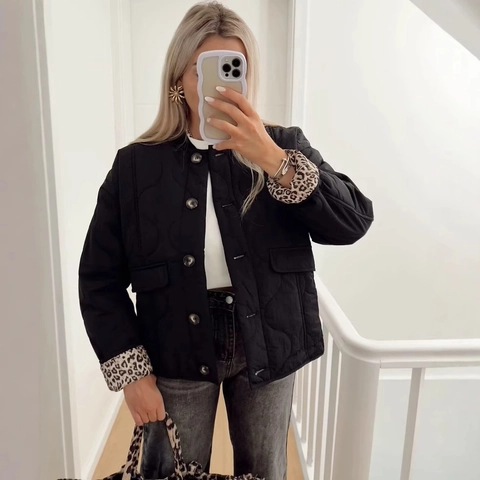 Veste Matelassée Femme Doublure Imprimé Léopard Col Rond Bouton Simple Casual Large Manteau En Coton