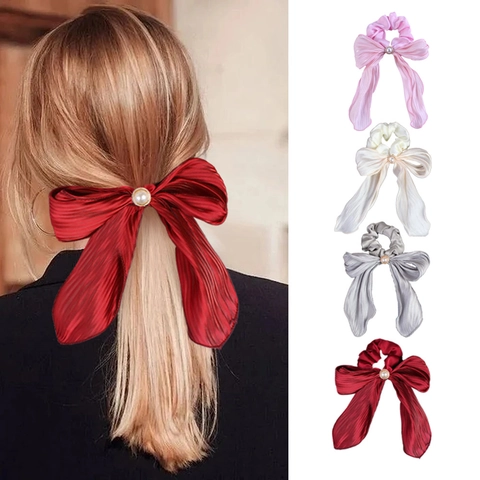 Scrunchie De Satén Lazo Grande Perla Artificial Goma Para El Pelo Alta Elasticidad Elegante Soporte Para Coleta Accesorio De Moda