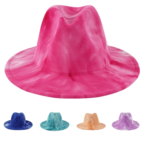 Wide Brim Fedora Hat Tie Dye Gradient Colorful Felt Fashion Jazz Cap For Men Women British Style Elegant