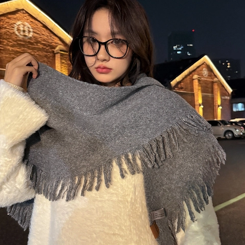 Knitted Scarf Shawl Wool Blend Thick Warm Winter Tassel Fringe Elegant Solid Color Wrap For Women Commuter Fashion