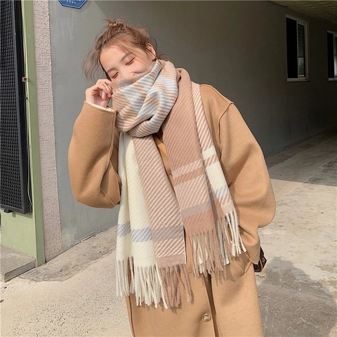 Women Winter Scarf Thick Warm Faux Cashmere Plaid Striped Soft Knit Shawl Wrap With Tassels