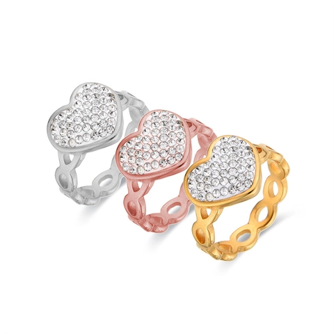 Heart Shape Rhinestone Stainless Steel Ring With Hollow Chain Band Fashion Jewelry For Women