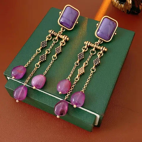 Pendientes Largos De Borla De Resina Cuadrada Morada Con Poste De Plata Chapado En Oro Estilo Palacio Para Mujer