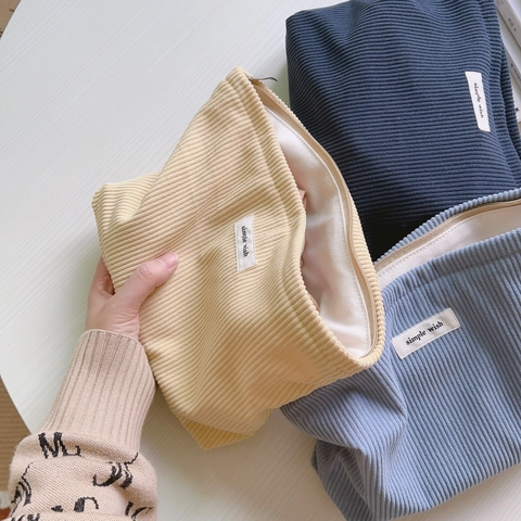 Corduroy Cosmetic Makeup Pouch With Cotton Canvas Lining Simple Solid Color Zipper Travel Organizer Clutch Bag Women