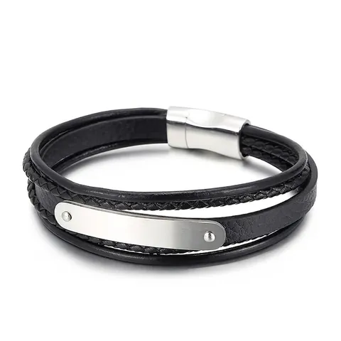 Bracciale Da Uomo In Pelle Multistrato Acciaio Inossidabile Piastra Curva Braccialetto Intrecciato Chiusura Magnetica Gioielli Minimalisti
