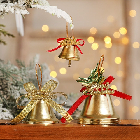 Campanelli Per Decorazioni Albero Di Natale In Metallo Dorato Con Fiocco Rosso Scritta Merry Christmas Ornamenti Appesi